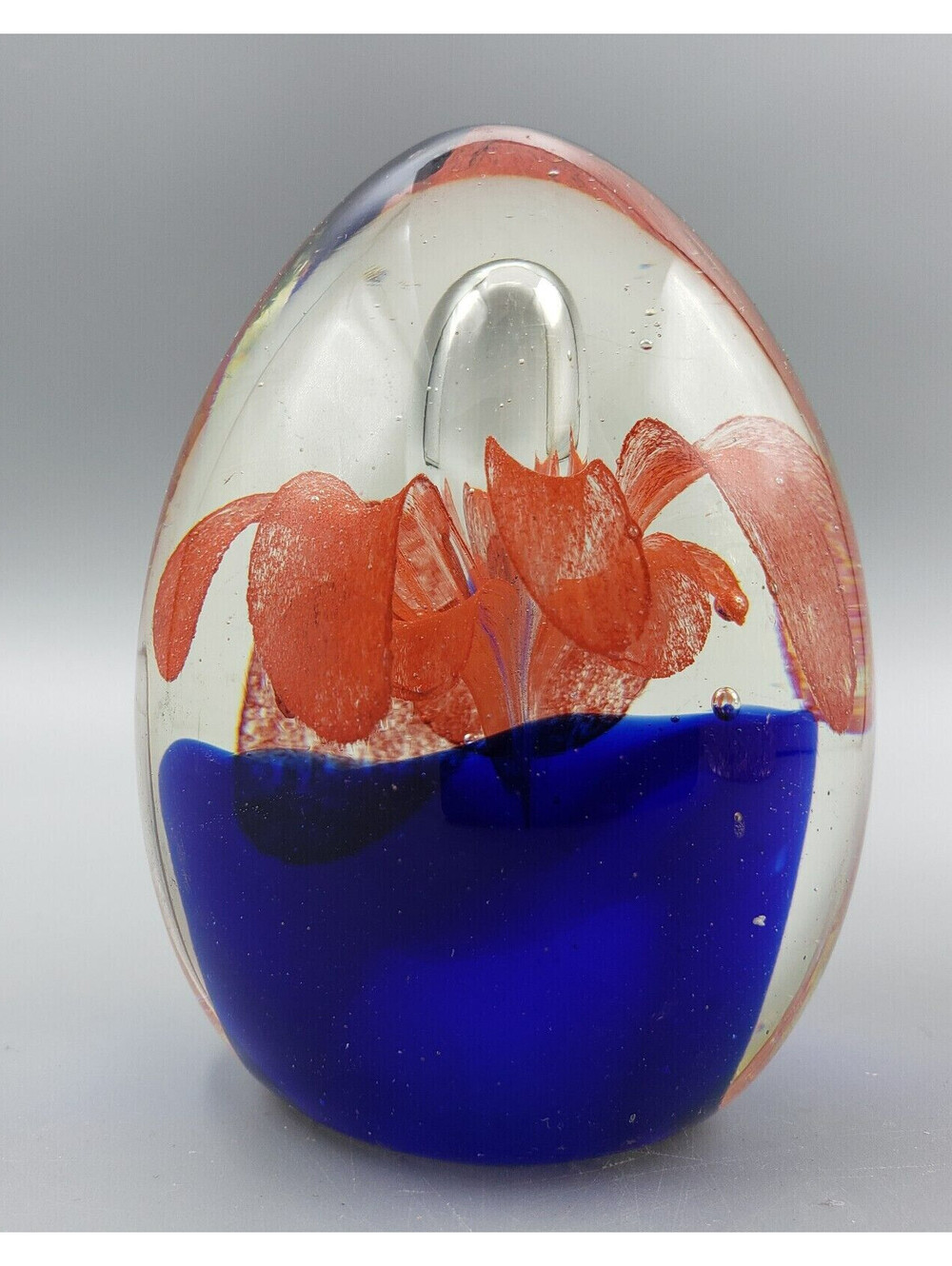 Art Glass Paperweight Hand Blown Orange Flower Blue Base Controlled Bubble